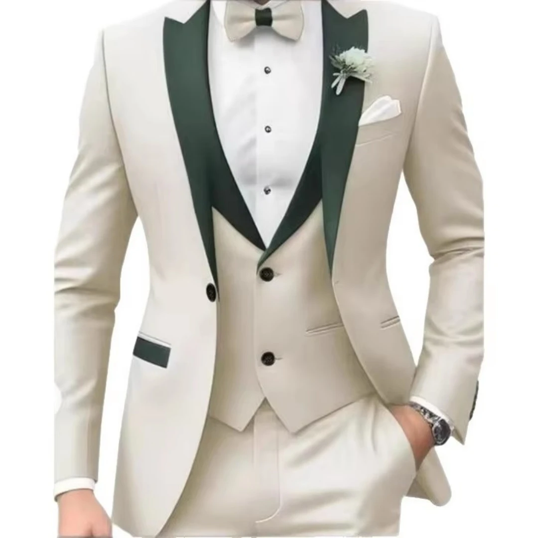 

Solid Color Men's Fashion 3-Piece Tuxedo Set with Peak Lapel Blazer Vest Pants for Wedding Business Formal Groom Tuxedos