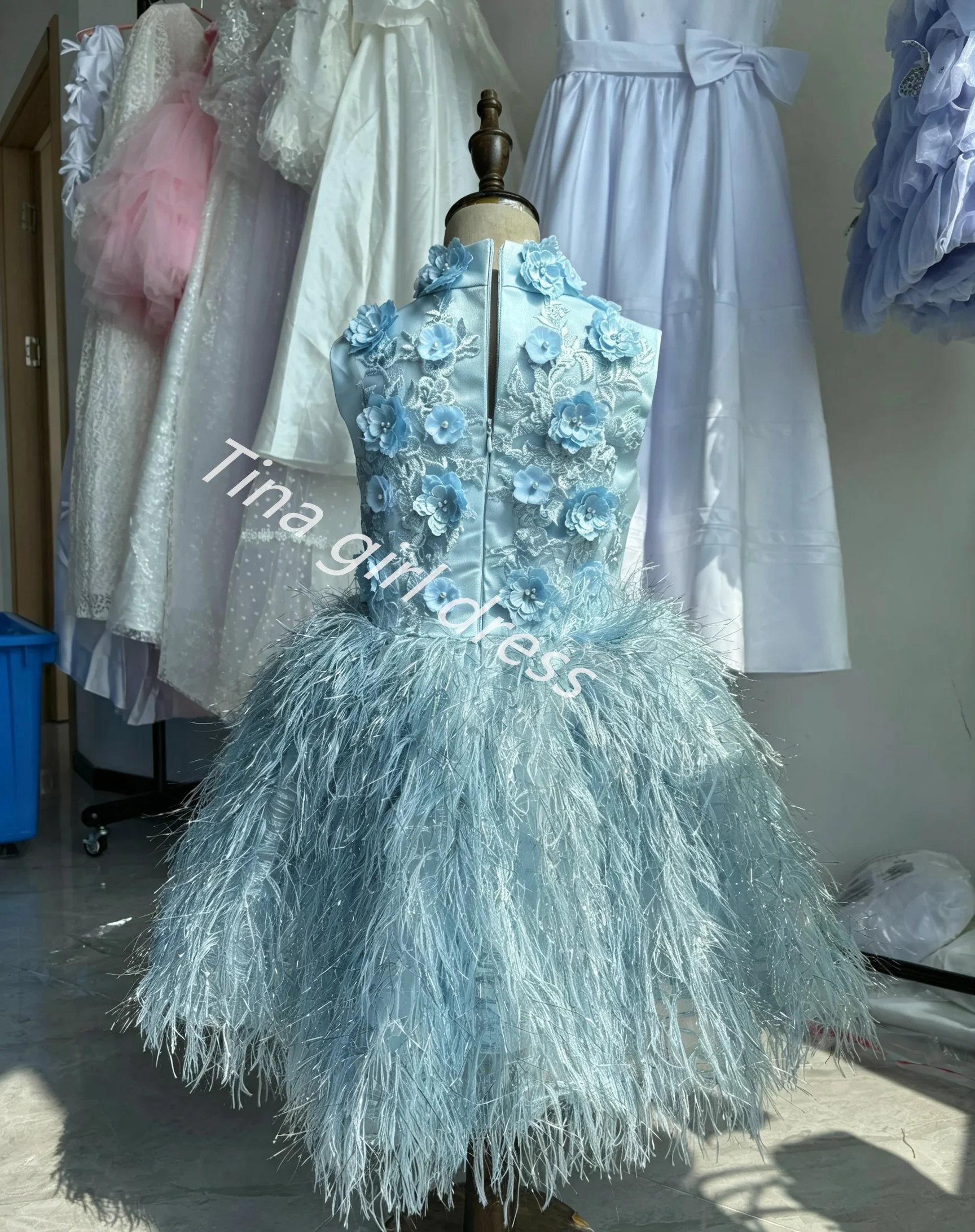 Princess Flower Girl Dresses for Wedding High Neck Applique Tassel Knee Lenght Girls Birthday First Communion Ball Gown Custom