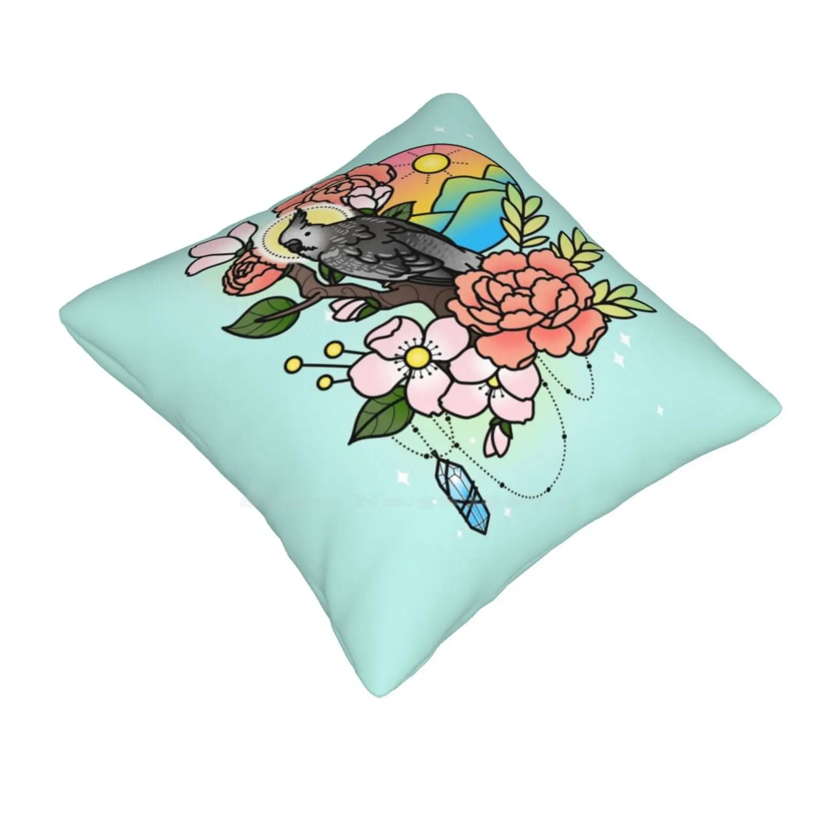 White-Faced Cockatiel Tattoo-Style Pillow Cover Hug Pillowcase Cockatiel Tattoo Flowers Bird Crystal Sunset