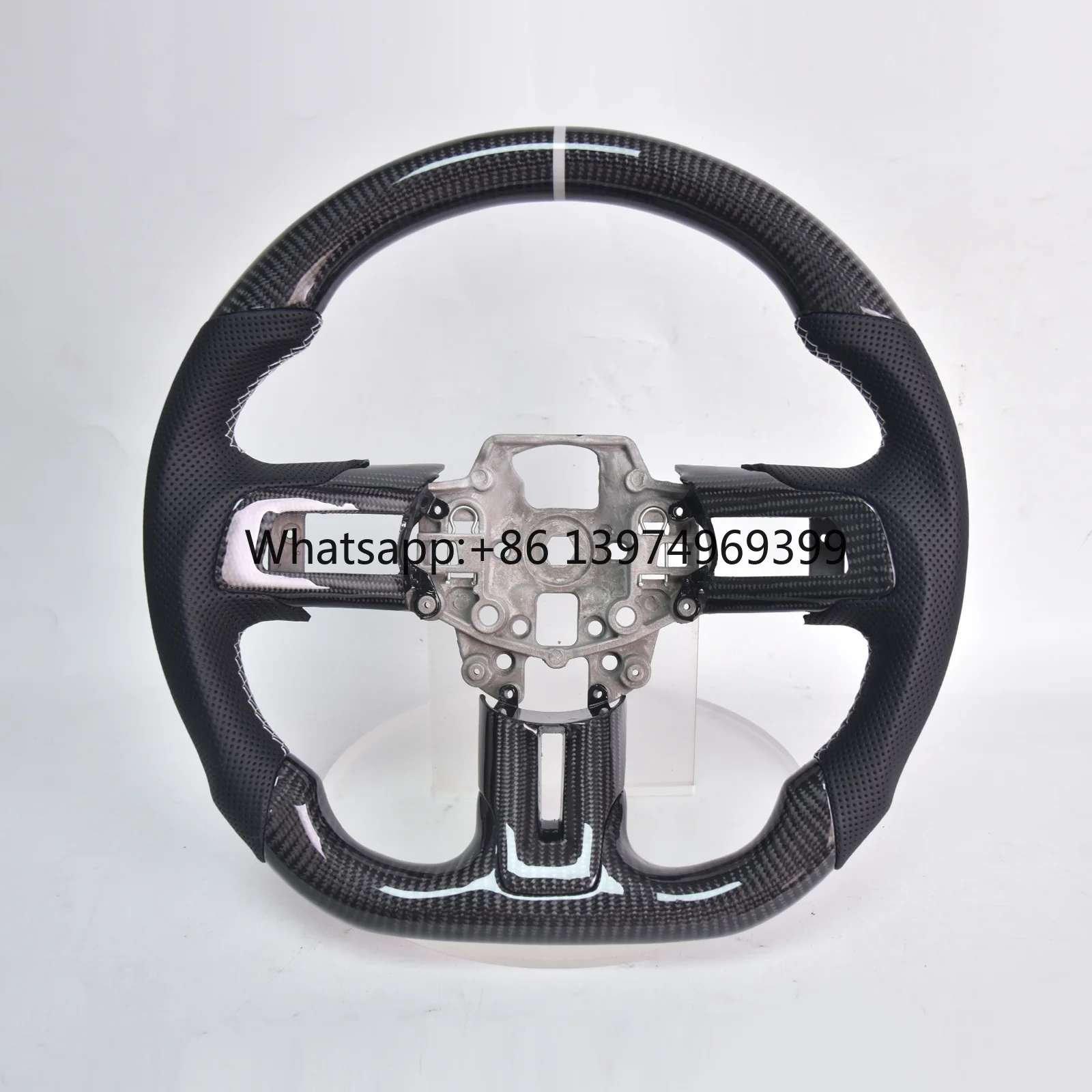 Carbon Fiber Steering Wheel for Ford Mustang GT/GT350/GT350R 2015-2017, D-shape Flat-bottom Nappa Leather Grip with Trim