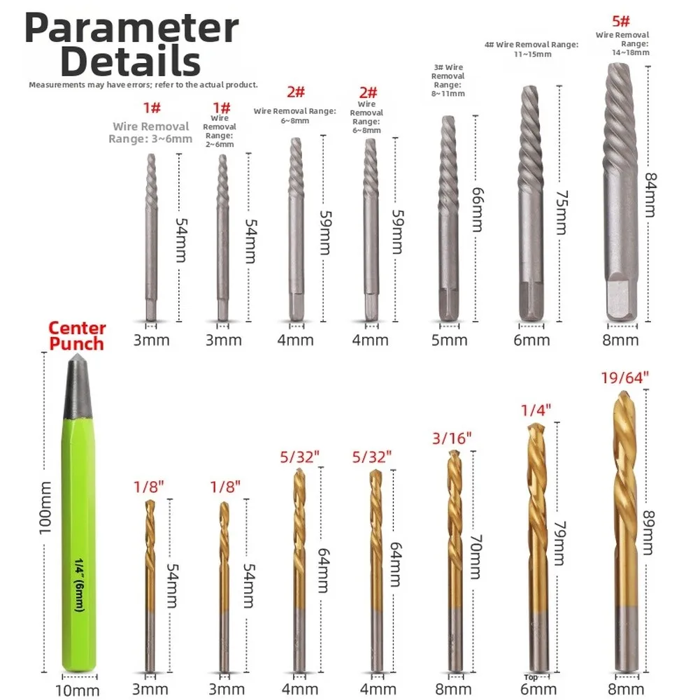 Chrome Vanadium Steel 15-Piece Screw Extractor Kit Including Coarse Thread Extractors Twist Drill Bits and Center Punch