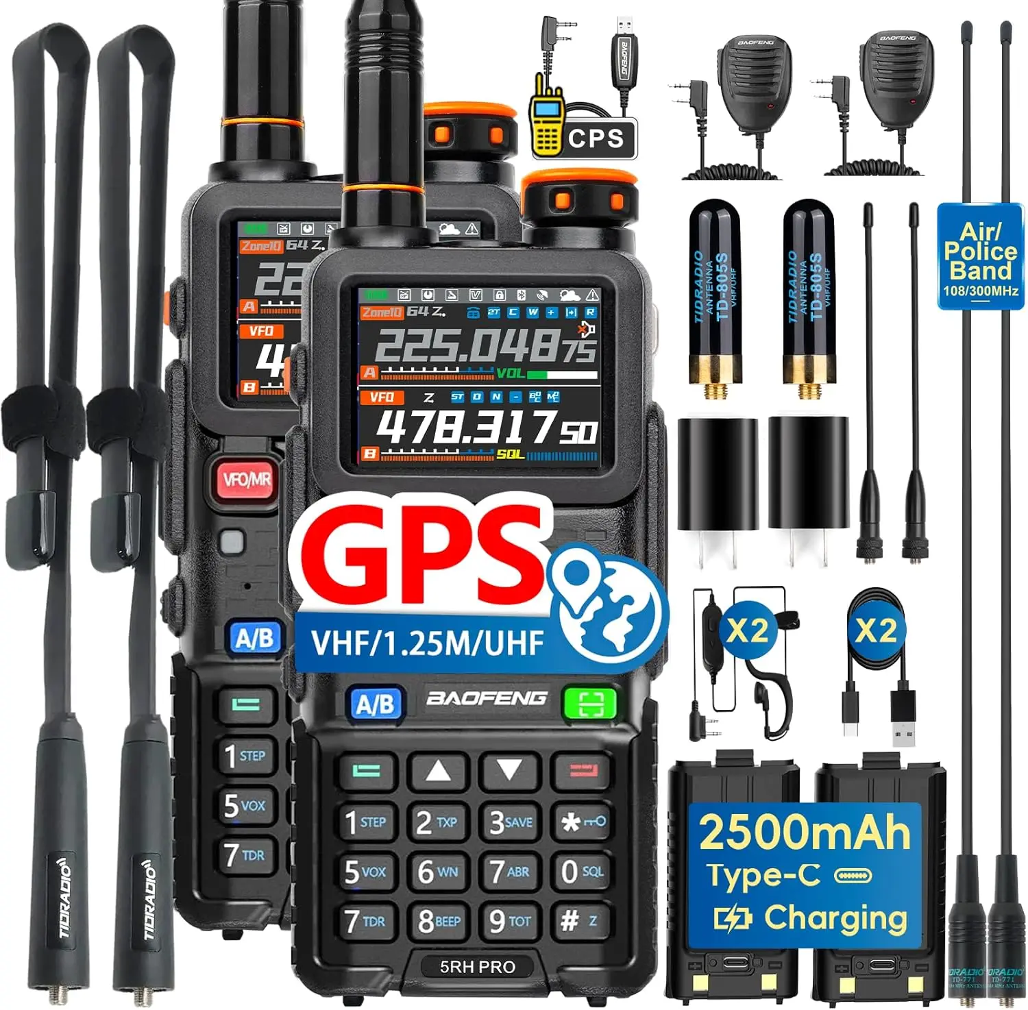 

10W GPS Ham Radio 2-Pack with NOAA Weather Alert, Multi-Band Long Range Two-Way Communication and Type-C Charging