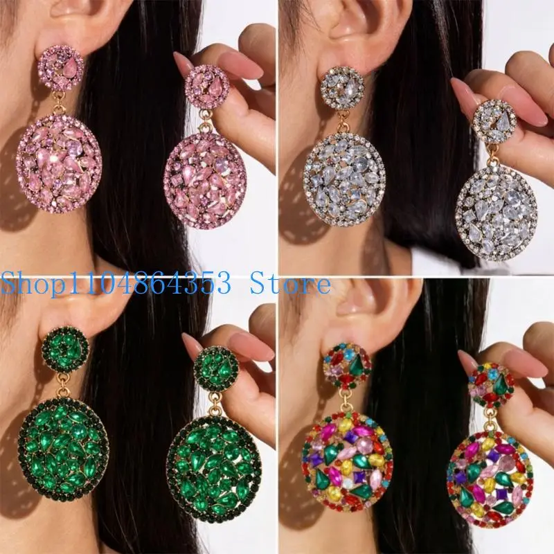 652F Vintage Round Statement Earrings for Women, Baroque Dangle Pair with Ornate Stone Detail and Metallic-Tone