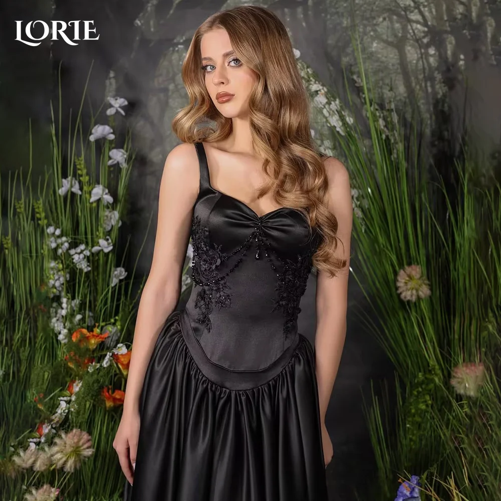 

LORIE Shiny Satin Black Evening Dress A-line V Corset Sweetheart Saudi Prom Dress Arabia Backless Saudi Party Gowns Customized