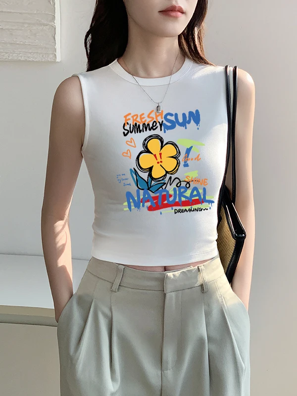 Biała, krótka bluzka na ramiączkach, damska bielizna, nowość 2025, wysoki stan, krótki top, letni top, kwiatowy wzór, Commu...