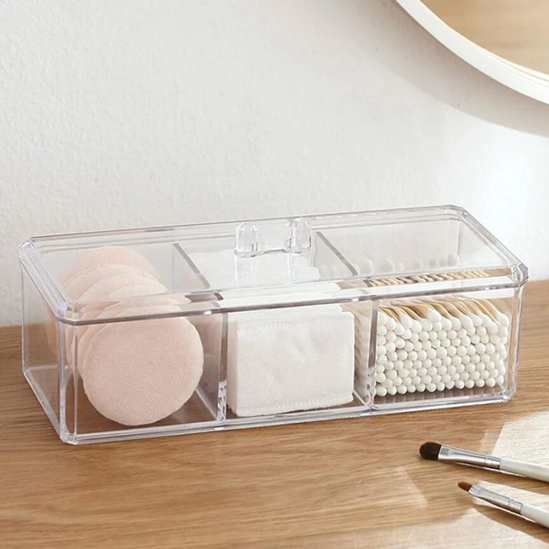 1pc Transparent Cosmetic Storage Box Acrylic Make Up Organizer Three Grid Cotton Swab Cotton Pad Storage Box Home Organization