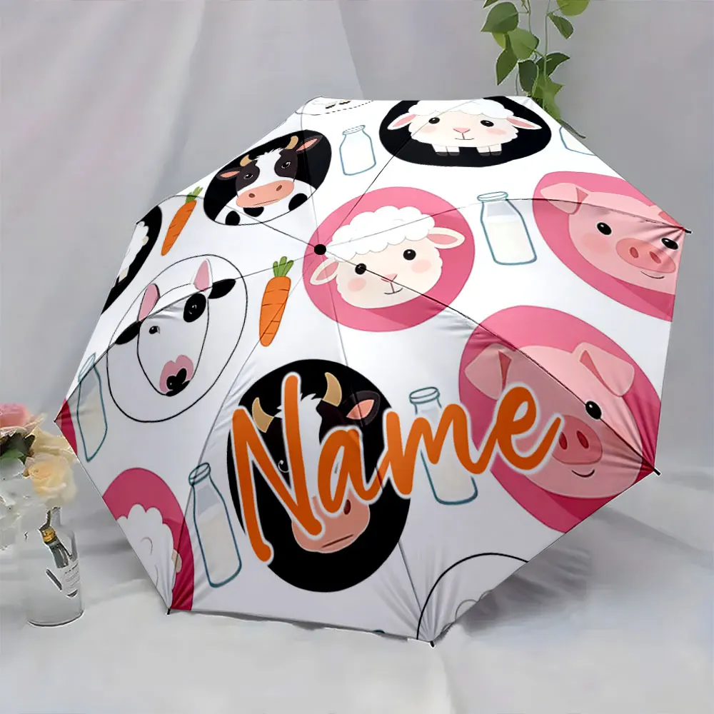 Custom Name Umbrella Adorable Farm Animals Umbrella Design Print 8 Iron Ribs Folding Umbrella Auto-Open Fashion Sunshade