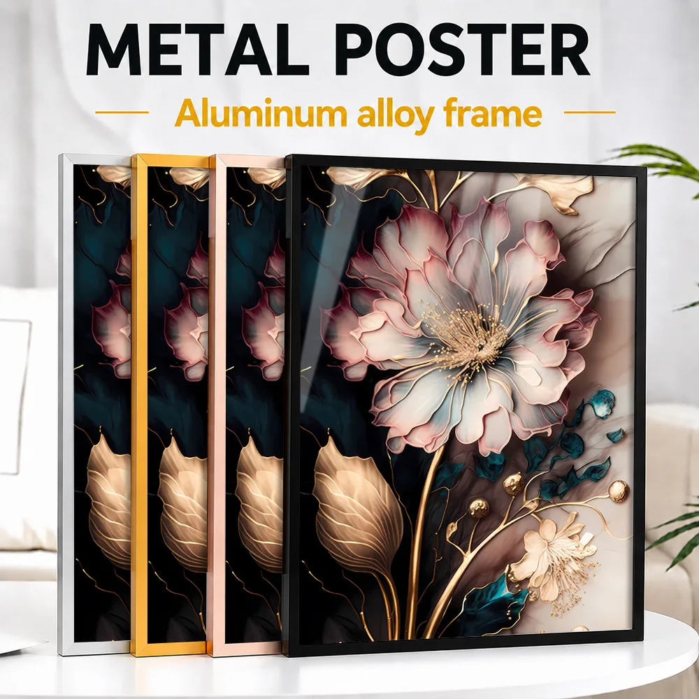 Gold Floral Abstract Framed Metal Print Customized Photo Contemporary Gallery Style Wall Art For Bedroom Memorable Friend Gift