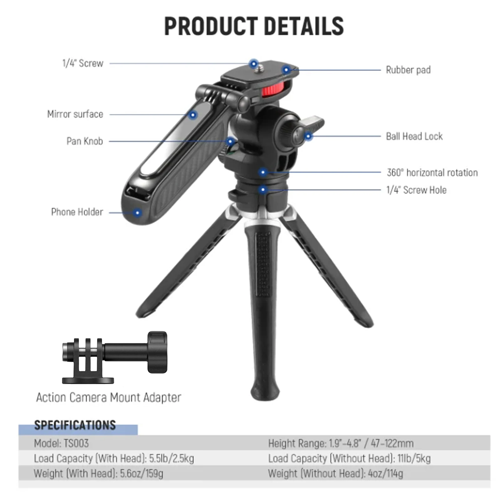 Lanxire Mini Desktop Tripod with Handle, Phone Holder & Action Camera Adapter for DSLR Camera, Smartphone & Action Camera