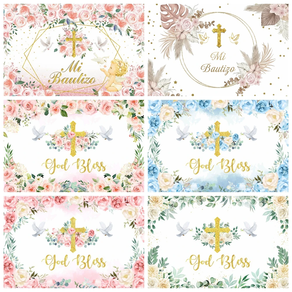 Mi Primera Comunion Background Gold Cross Dove Newborn Baptism Photography Backdrop First Holy Communion Party Decor Banner