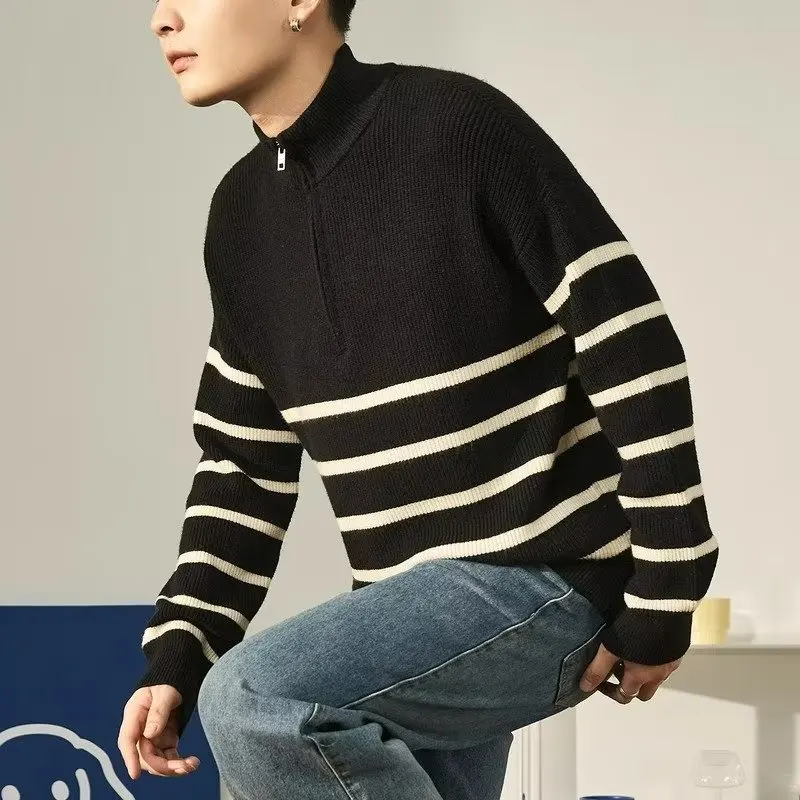 

Men's Oversize 300 Pou Autumn Winter Knitted Sweater f High Collar Long Sve Simple Sle Japanese Retro Baseball Collar