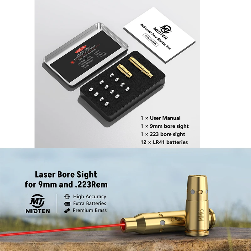 

MidTen Laser Bore Sight for .223REM/ 9MM Red Laser Boresighters Sighting Kit with 12 Batteries Bore for Hunting Brass