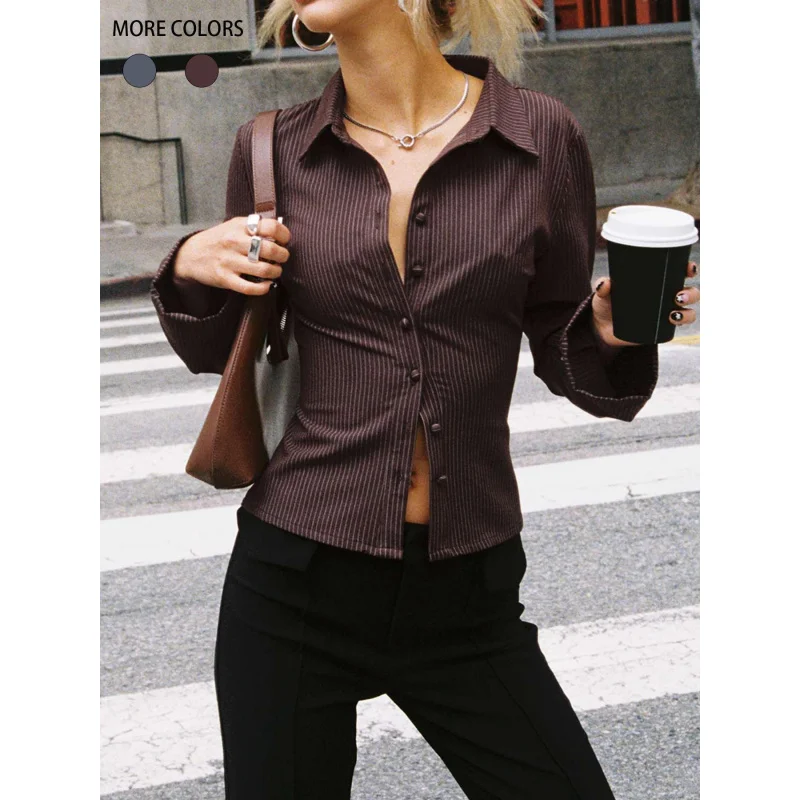 Camisa con botones y cuello de solapa para mujer - Blusa ajustada de manga larga a rayas para oficina y estilo casual