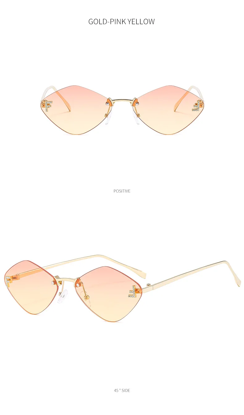 Trendige randlose rautenförmige Sonnenbrille F Damen-Sonnenbrille der Luxusmarke Damen klassische elegante Brillenschirme – Detail 11