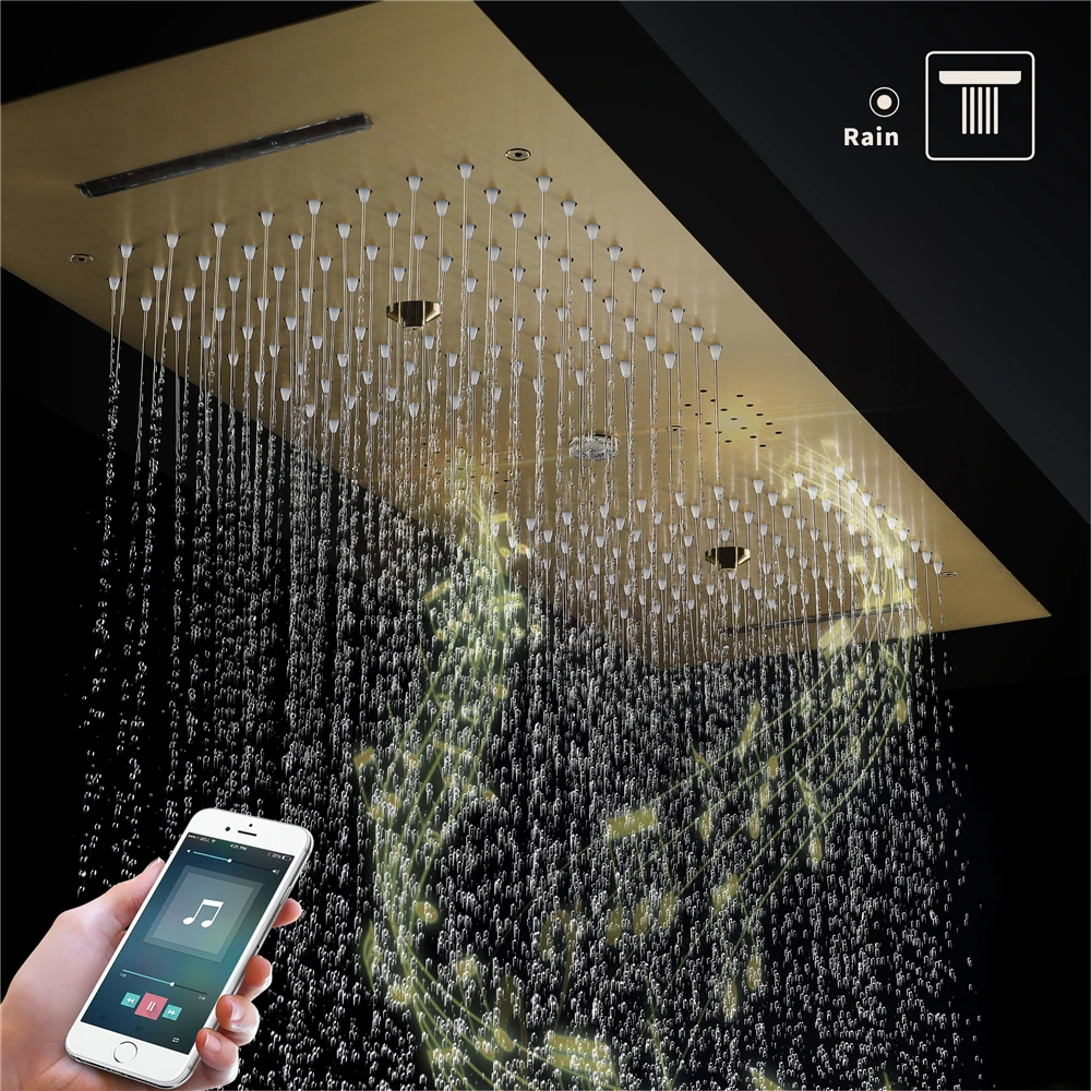 Wall Mount Thermostatic Shower Set with Ceramic Valve Core Rain & Massage Spray Patterns Modern LED Music Shower Head