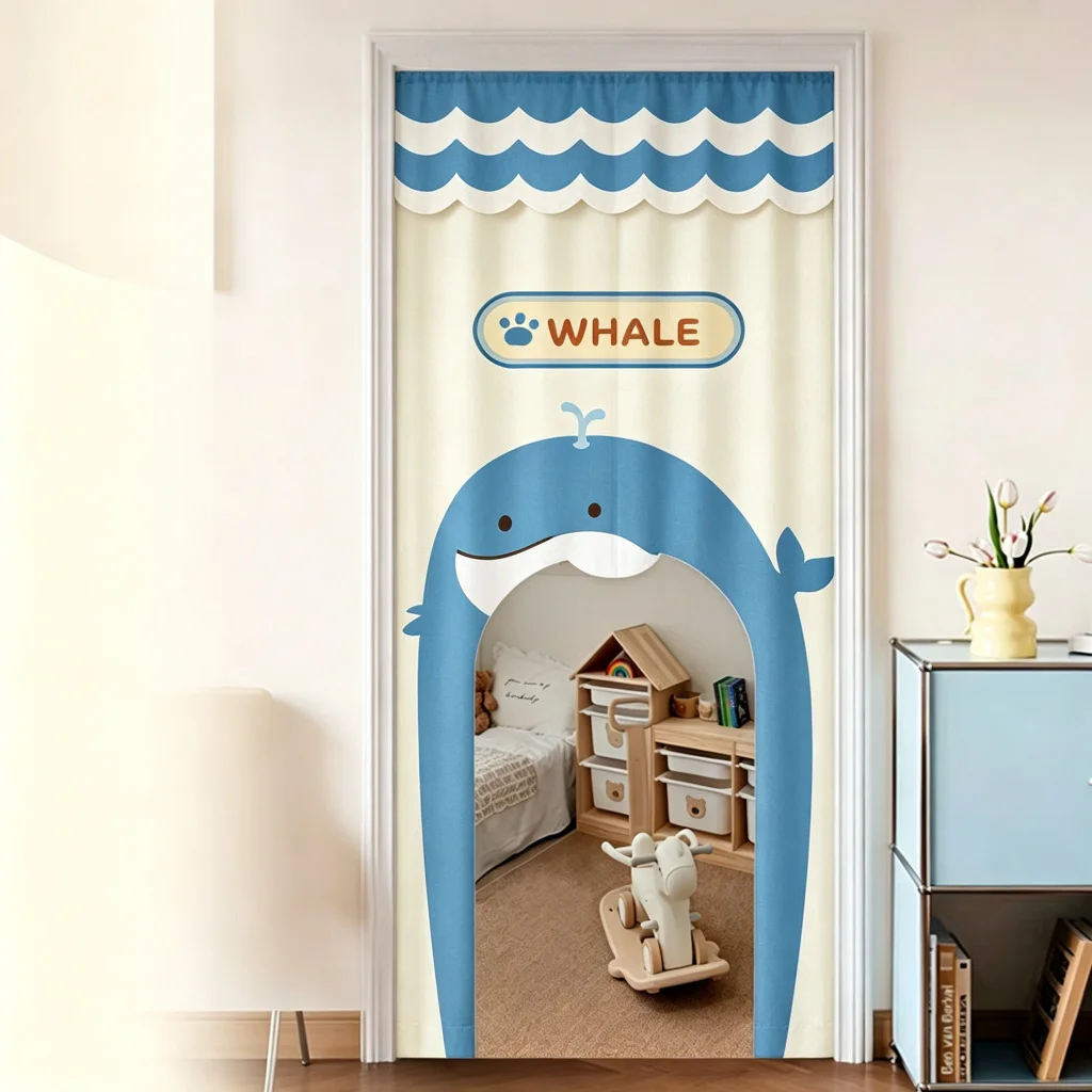VIKAMA Cartoon Whale Arched Half Door Curtain Kids Room Bedroom Nursery Cotton Linen Short Curtain Privacy Partition Home Decor