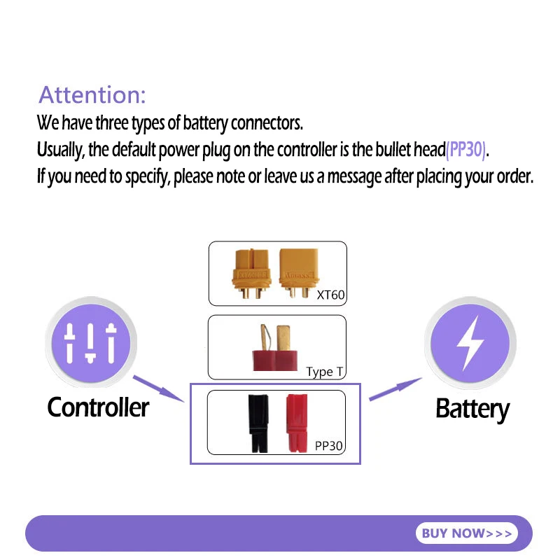 Battery Connector Types XT60, T-Plug, and PP30 Bullet Plugs