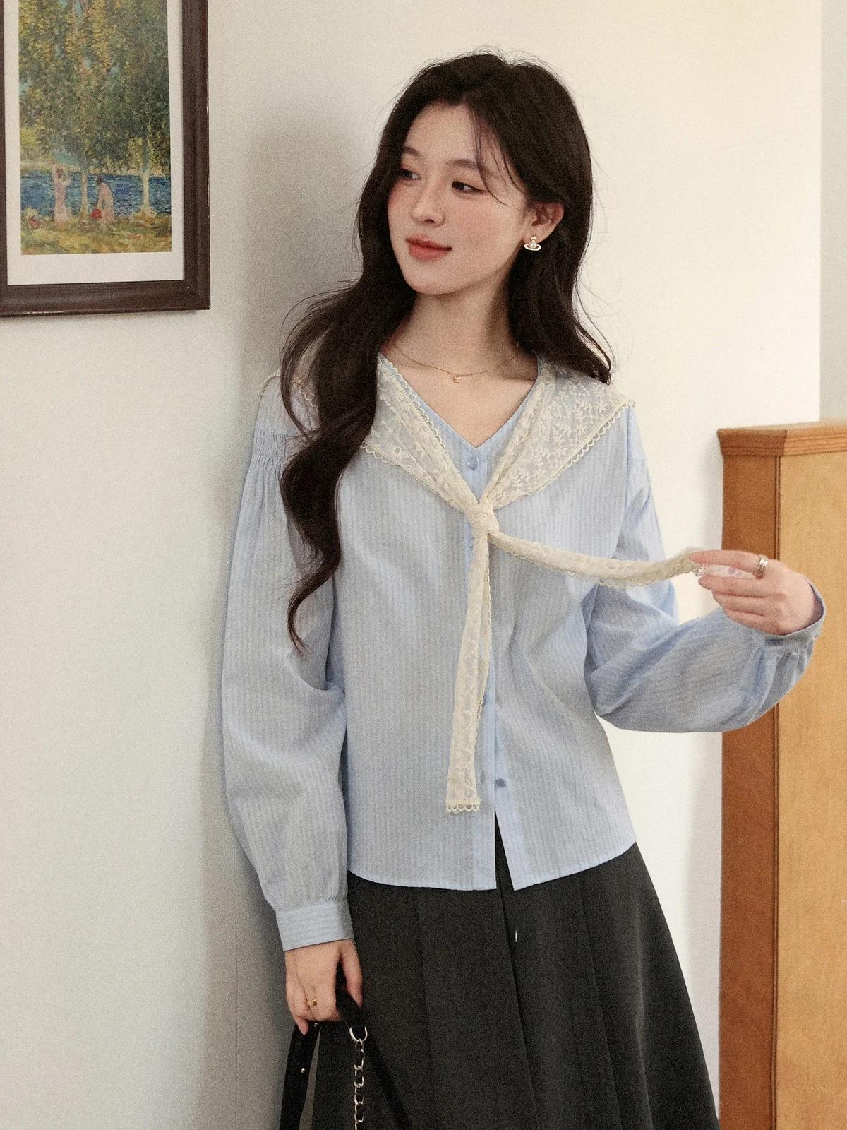 

Женский свободный кардиган Lu South Deer с длинными рукавами, в полоску, цвета голубого колокольчика, для повседневной носки, осенняя новинка