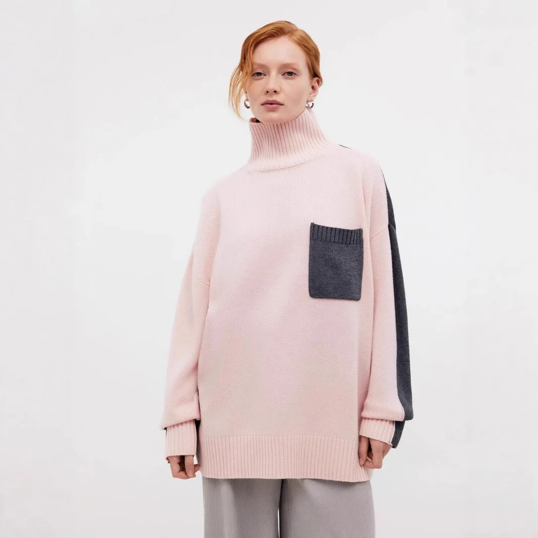 

2025 Autumn Winter Ladies Patchwork Knitted Sweaters Warm Loose Female Turtleneck Pullovers Korean Fashion Casual Jumper