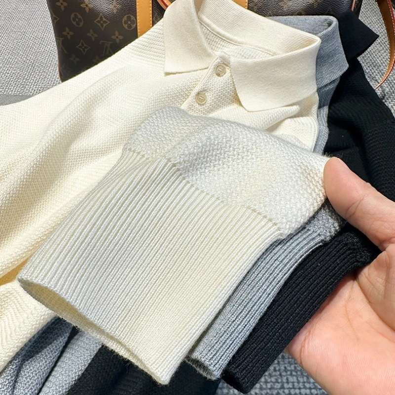 سترة رجالية من مزيج الصوف، أزرار على شكل صدفة بياقة بولو، نمط المال القديم، رمادي فاتح ​