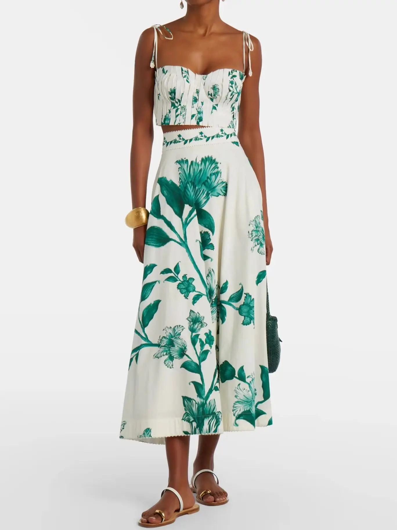 

Women Holiday Style 2-Piece Set High Waist A-Line Cotton Midi Skirt + V-Neck Sleeveless Linen Sling Tops Casual Female Suit