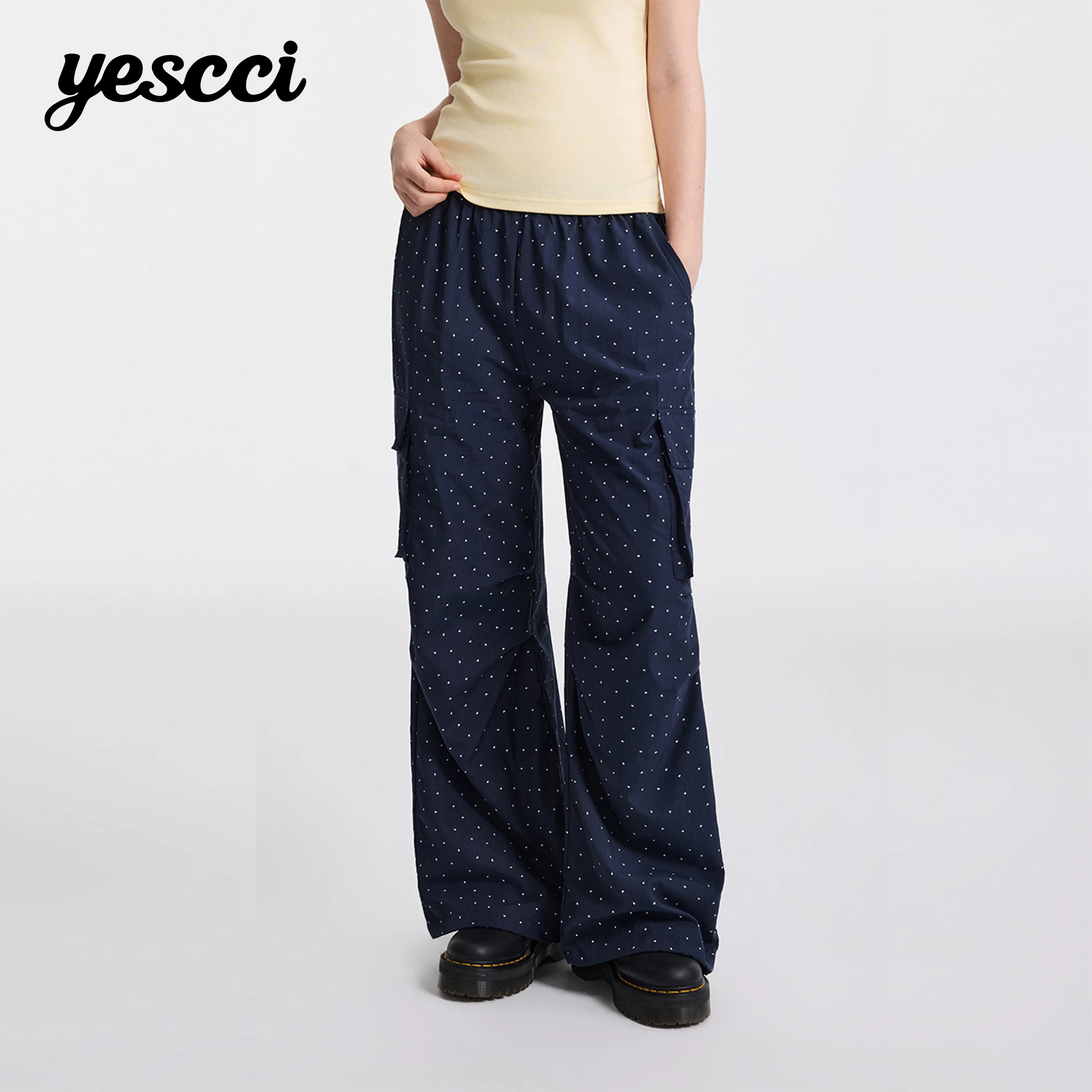 YESCCI Women Pants Polka Dot Elastic Waist With Pockets Woman Trousers Autumn New Leg Shape Flattering Wide Pants S56541224