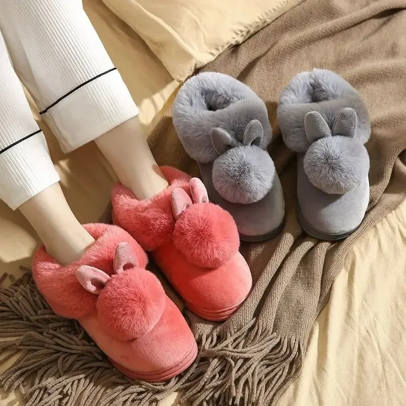 Cute Women Slippers Autumn Winter Cotton Flat Fluffy Slippers Cartoon Rabbit Ear Home Indoor Fur Slippers Warm Soft Plush Shoes