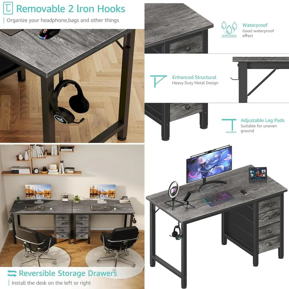 Compact Gaming Desk with Fabric Drawers, 40 Kids and Teens Study Desk, Bedroom or Small Home Office, Gray