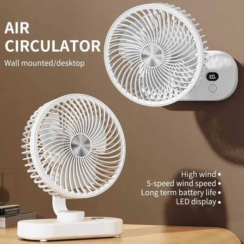 Type-c Rechargeable Desktop Fan 5 Speed Wall Mounted Fan LED Display Home Office Portable Fan 360° Adjust Adjustable Desk Fan