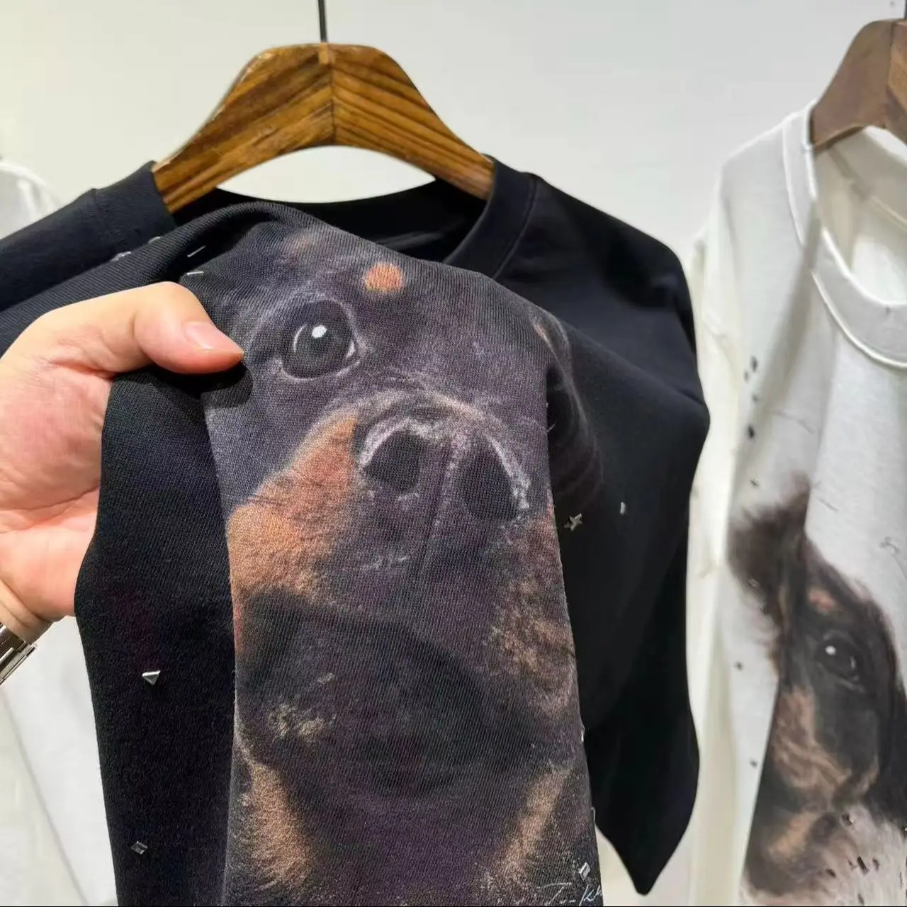 American High Street Dog Sequined Printed Loose Short‑Sleeved Men's And Women's Trendy Round‑Neck T‑Shirts