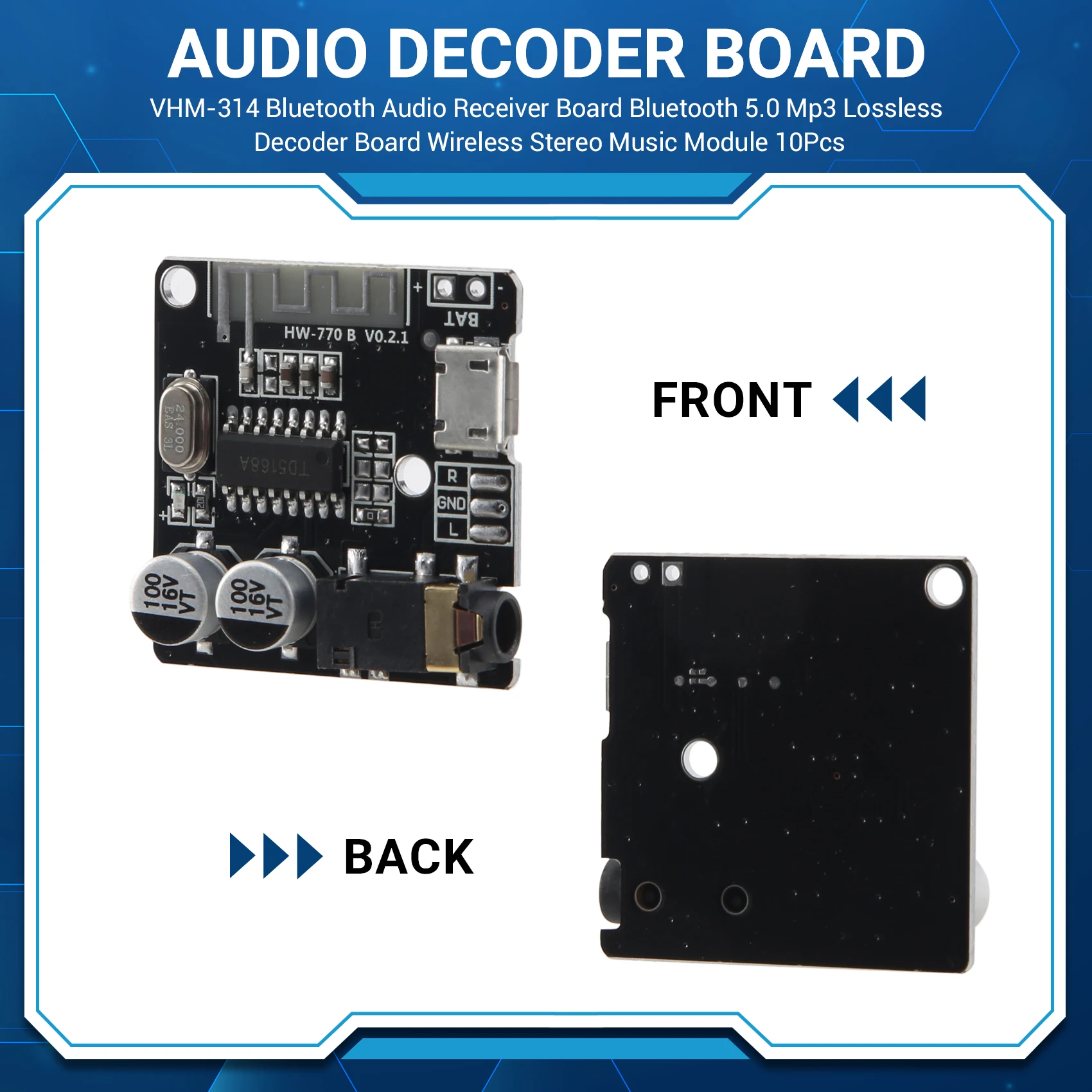 M01K VHM-314 Bluetooth Audio Receiver Board Bluetooth 5.0 Mp3 Lossless Decoder Board Wireless Stereo Music Module 10Pcs
