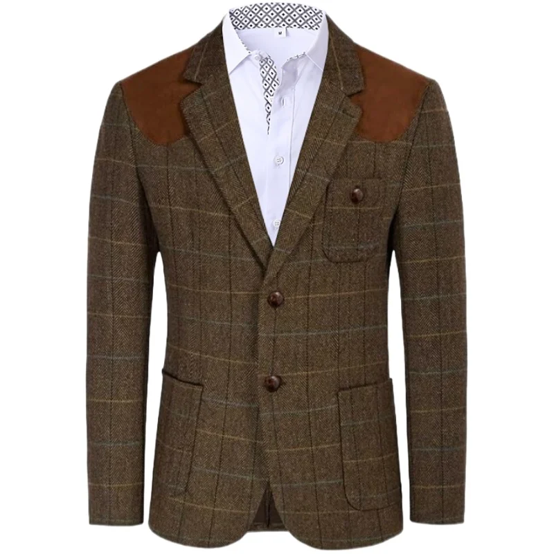 

Men's Suit Jacket Houndstooth Tweed Sports Jacket Double-Breasted Formal Jacket Hot Thick Coats in Autum Winter