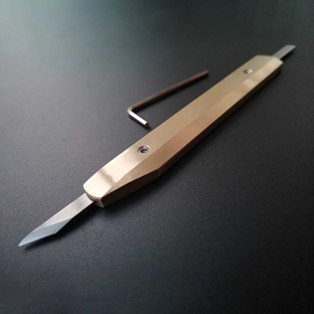 

Leather Cutting Knife with Brass Handle M390/D2 Steel Sharp Blade Adjustable Head Length DIY Leathercraft Carving Pen Cutter