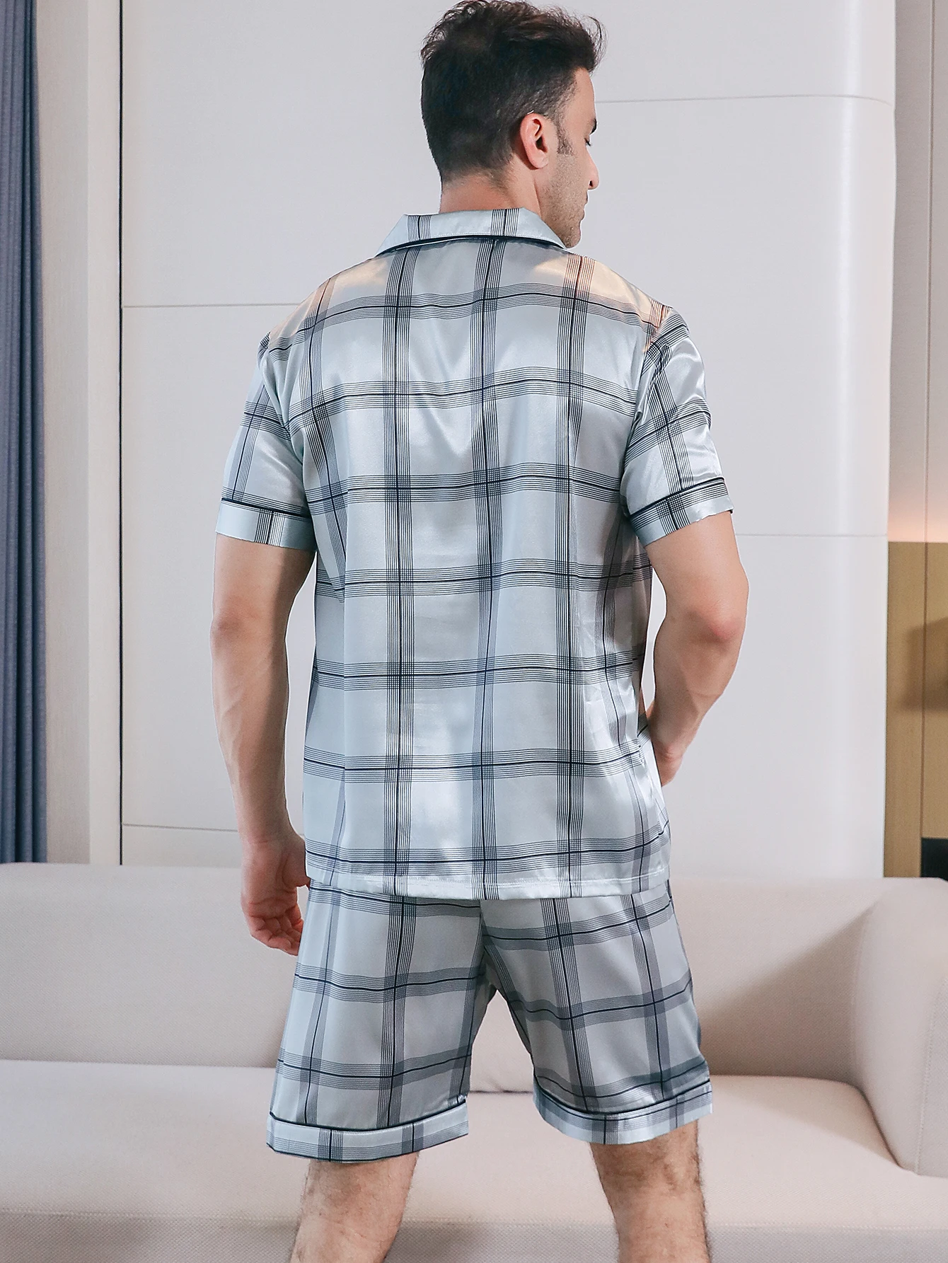 Two piece sets for men's pajamas summer short sleeved shorts plaid pattern printed home clothing sleepwear set