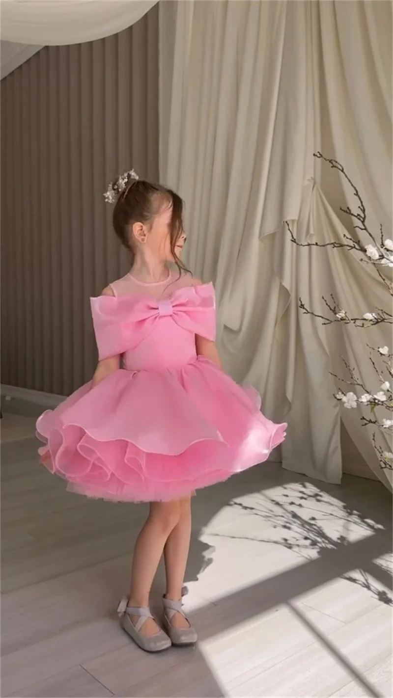 Custom Off Shoulder Big Bow Ruffle Tulle Luxury Dress Women Wedding Guest Gown Kids Wedding Outfit Luxurious Birthday Party