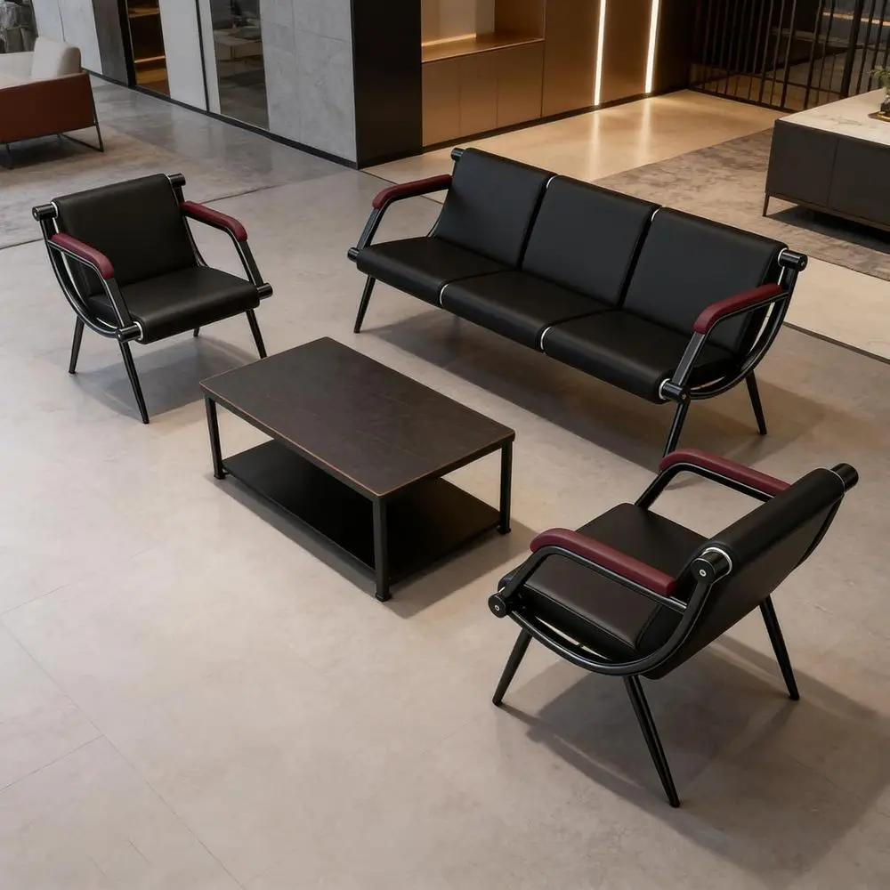 

5-Seat Office Waiting Room Chair with Armrests for Various Settings - Black/Red