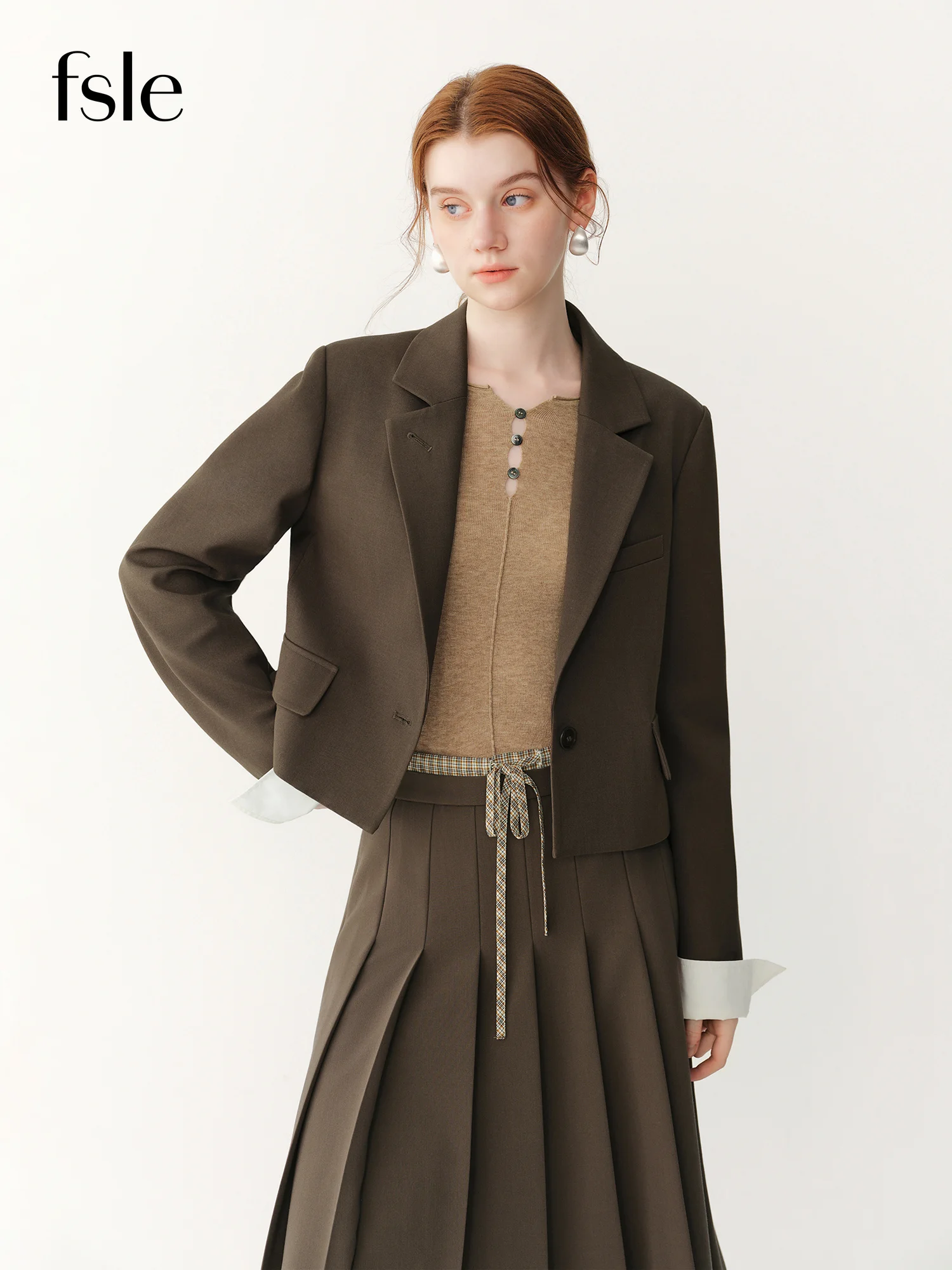 Blazer Corto de Mujer FSLE 2026, Estilo Coreano, Color Camel, Mezcla de Acetato y Lyocell, para Oficina y Viajes Diarios