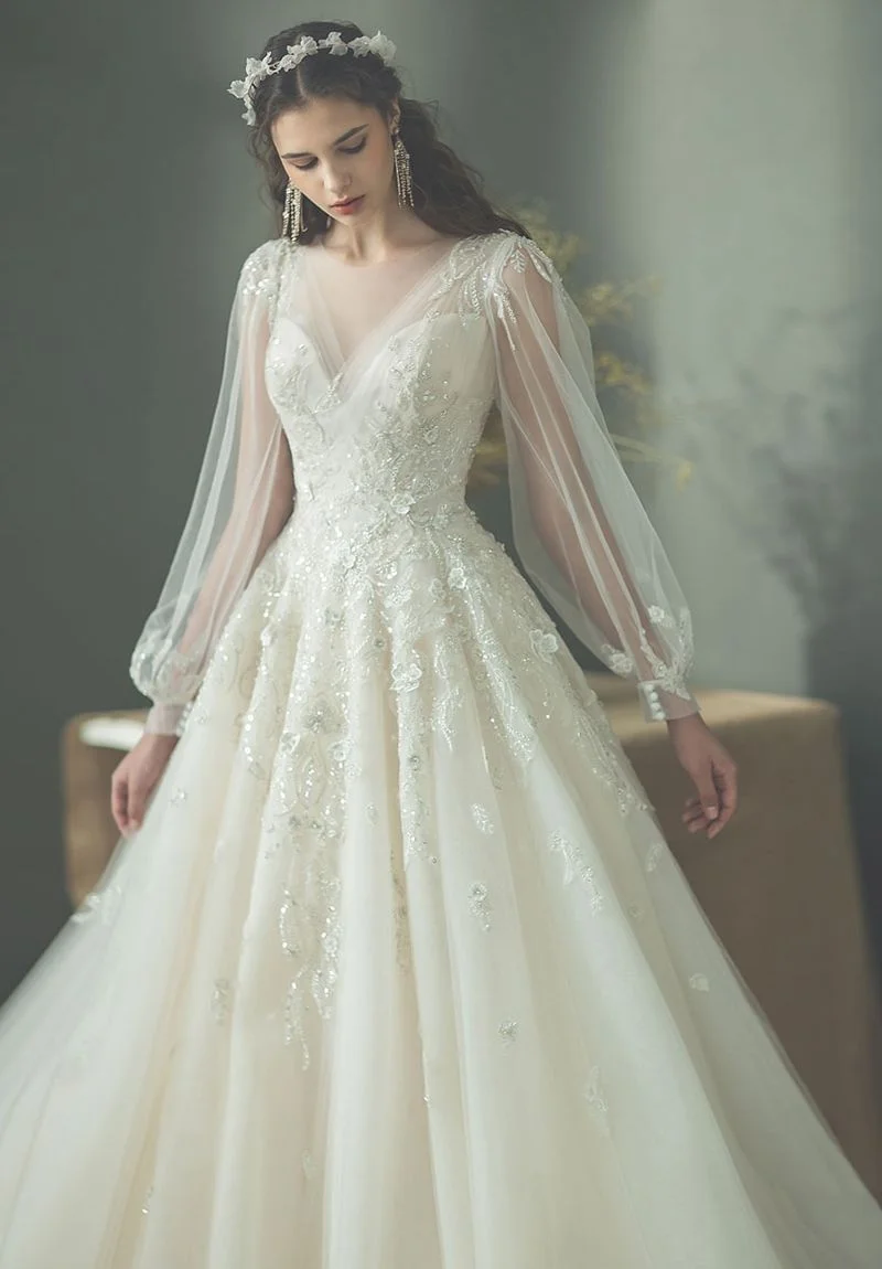 Customized 2026 New Elegant Princess Dress Wedding Dress A-line Long Sleeve Lace Pearl Decoration Vestido De Noiva