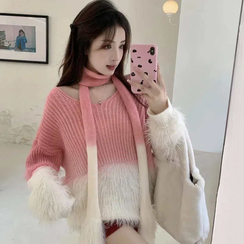 Gradientเซ็กซี่เสื้อกันหนาวผู้หญิงสวมใส่ด้านนอกฤดูใบไม้ร่วงฤดูหนาว 2025 ใหม่VคอMink Velvet Thickeหวานนุ่มWaxy Mao Maoเสื้อถักเสื้อ