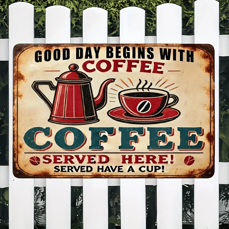 Arte de pared metálico vintage - Letrero retro con diseño de tetera y taza con la frase 'Good Day Begins with Coffee'