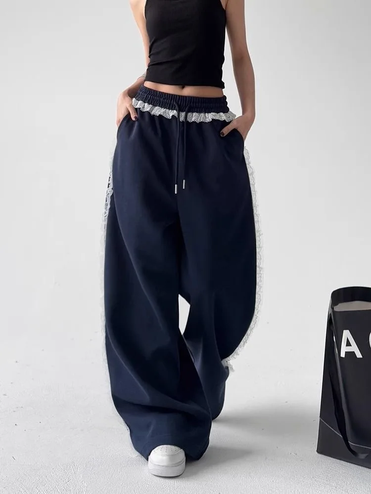 Women Trendy Lace Spliced ​​sports Casual Joggers Pants Summer New Lazy Versatile Pants Street Straight Leg Slim Fit Sweatpants