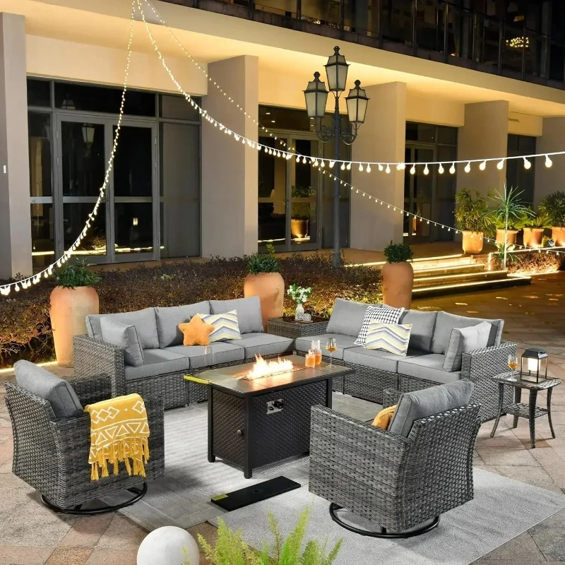 11 Piece Outdoor Patio Furniture Set with Fire Pit Table,Conversation Sectional Wicker Couch with Swivel Chairs,Modern