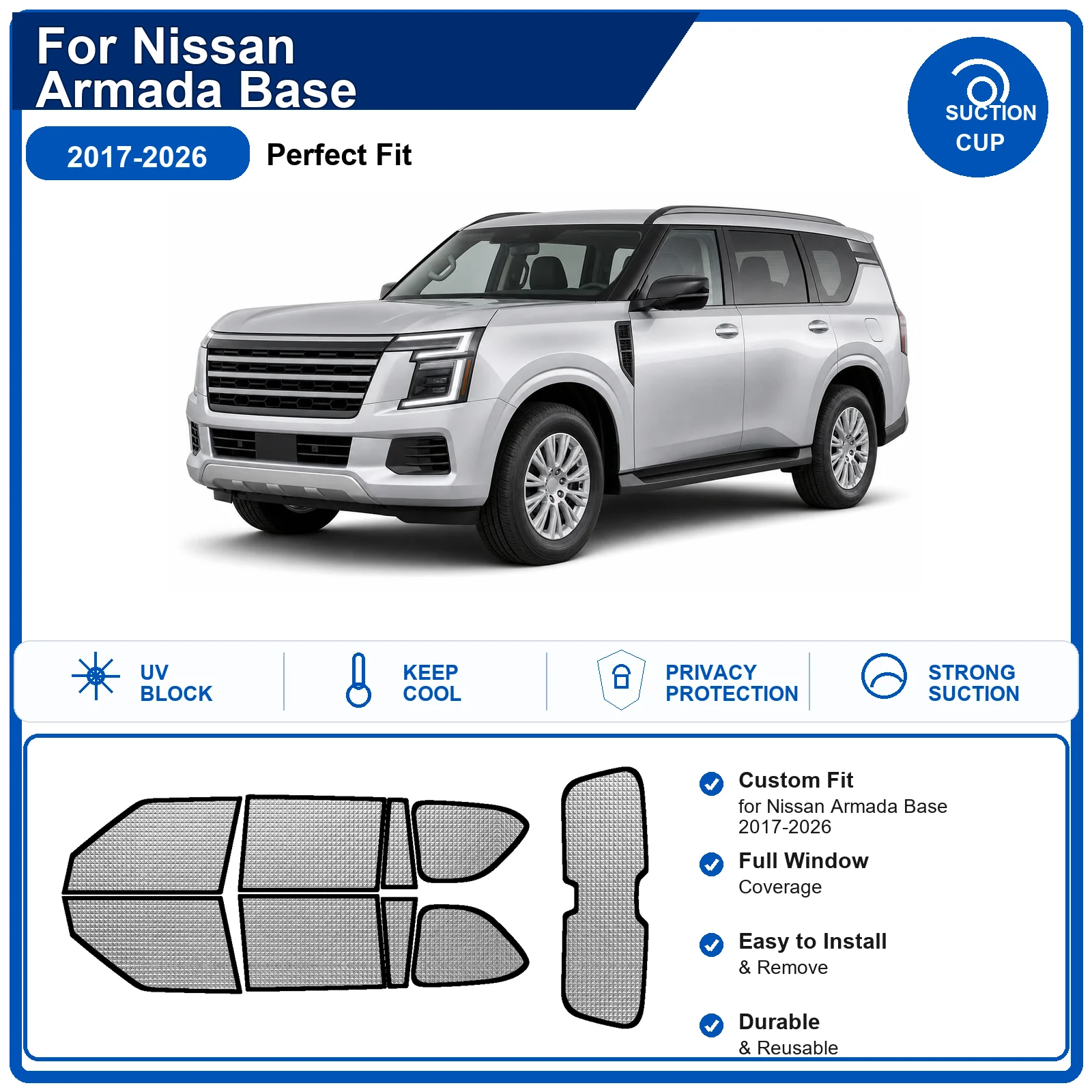For Nissan Armada Base 2017-2026 Custom Full Set Windshield Sun Shade Aluminum Foil Heat Insulation Anti UV Foldable