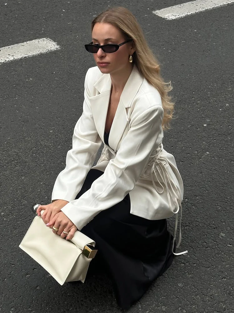 

White Deep V-neck Strap Up Women Jackets Fashion Single Breasted Waist Suit Coat 2026 Trendy Lady Daily Commute Street Outerwear
