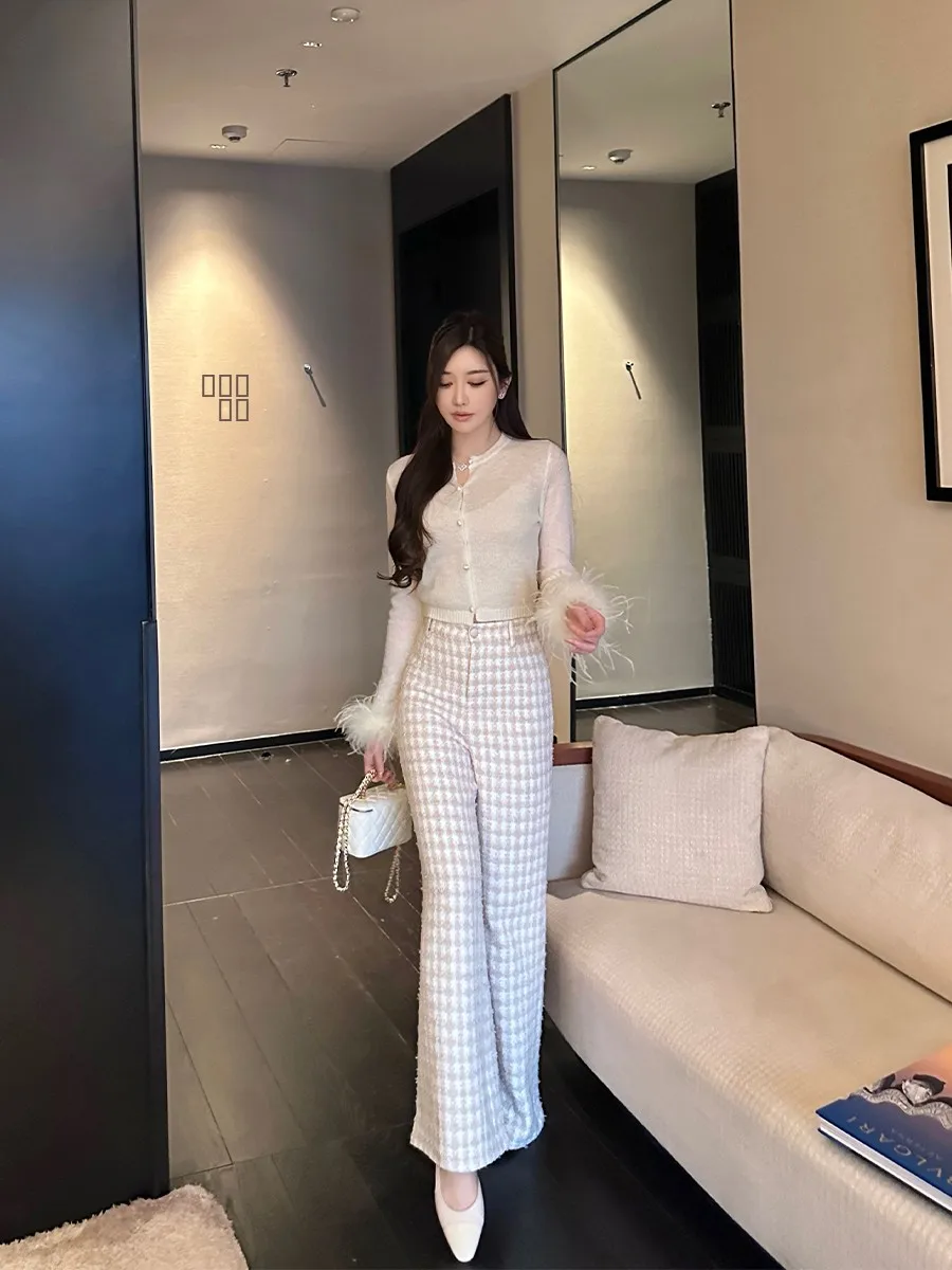 

High Waist Wide Leg Pants Women's Faionable Casual Loose Straight Cut Trousers Sweet Pastel Plaid Korean Sle Commute Wind