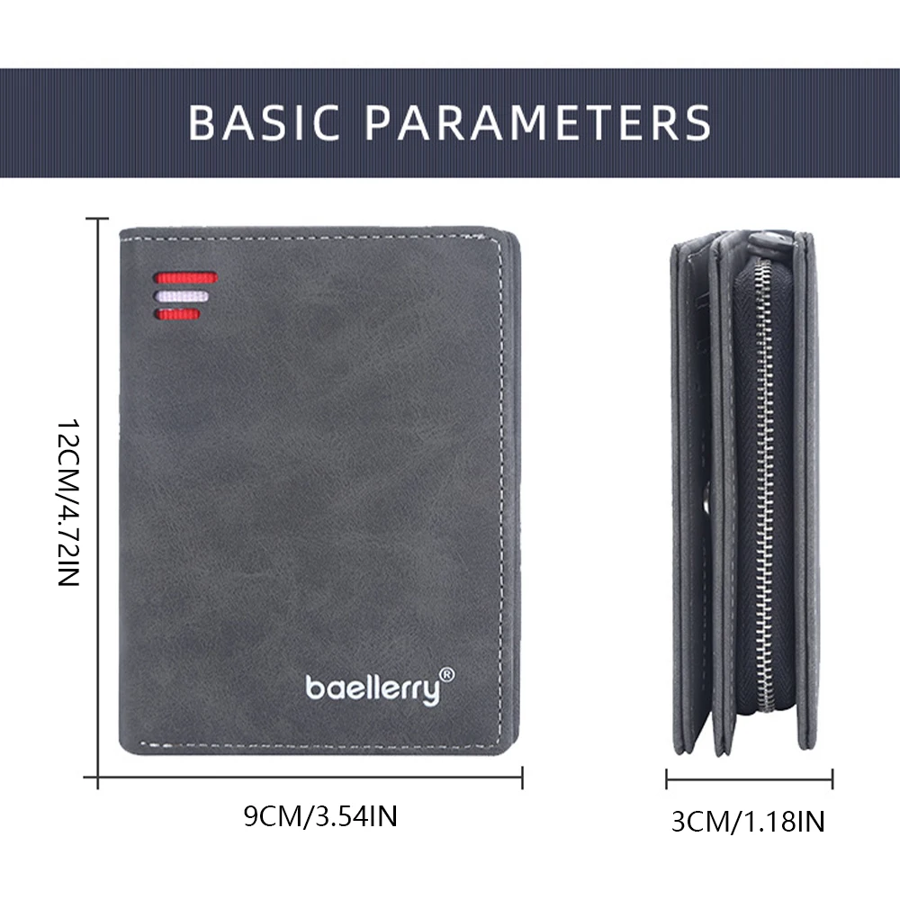Men's Front Pocket Wallet Slim PU Leather Zipper Closure RFID Protection 10 Card Slots Minimalist