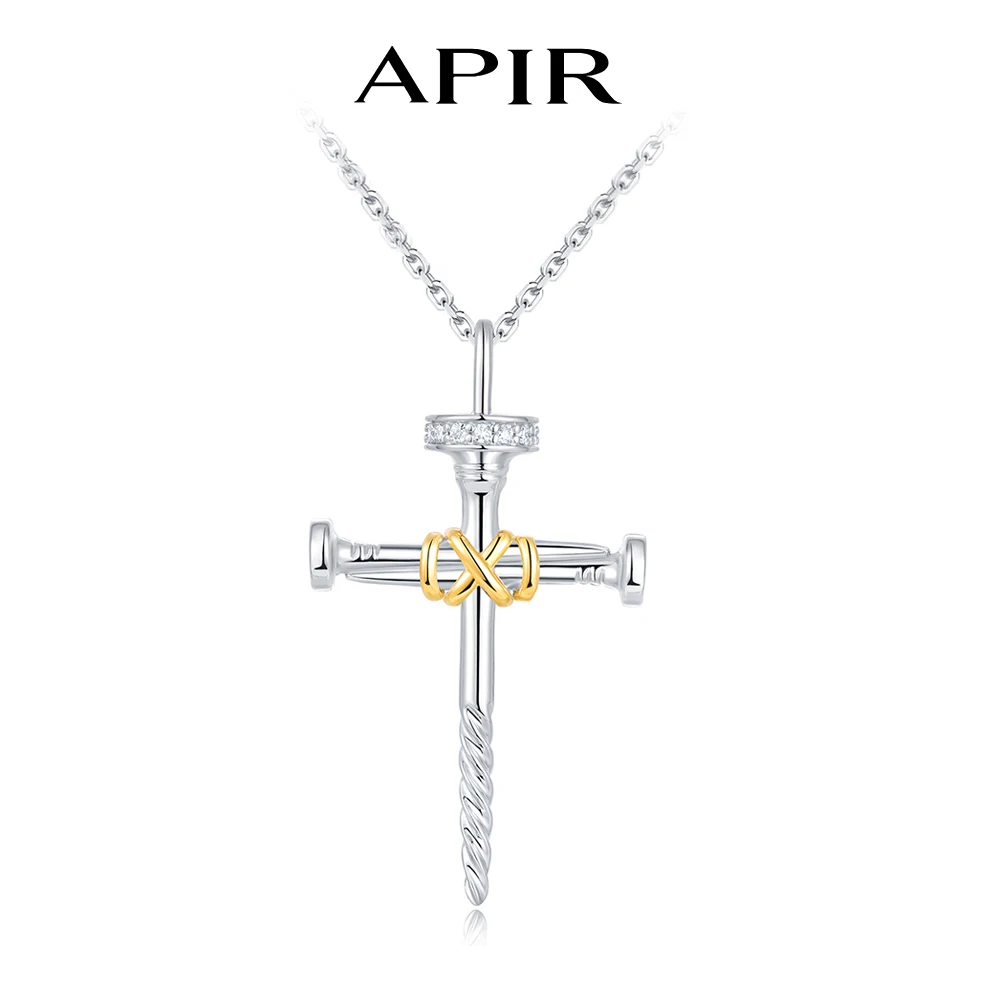 

APIR 925 Sterling Silver Cross Necklaces Inlay Moissanite Unique Nail Design Pendant Religious Fine Jewelry Gift for Men Women