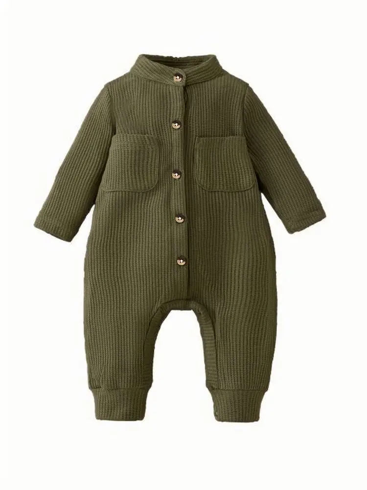 

Осенняя новая универсальная однотонная трикотажная толстая одежда на пуговицах для младенцев и детей, детский комбинезон