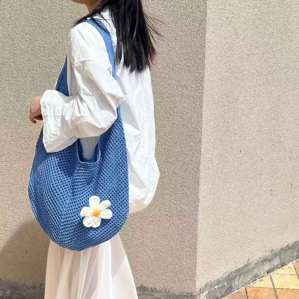 

Solid Color Knitting Shoulder Bag Large Capacity Flower Bohemian Crochet Tote Bag Versatile Hollow Out Casual Woven Handbag