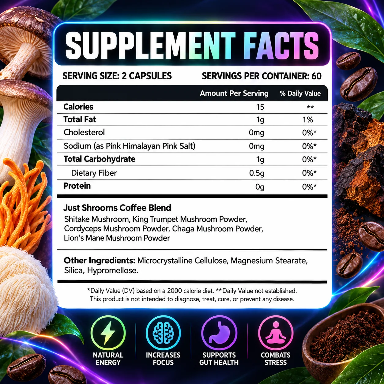 Mushroom Coffee Capsules - Supports Gut and Digestive Health,  Brain Health, Improve Focus and Learning, Maintain Vitality